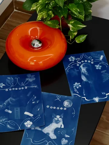 Cyanotype prints on paper next to an orange vase and a plant